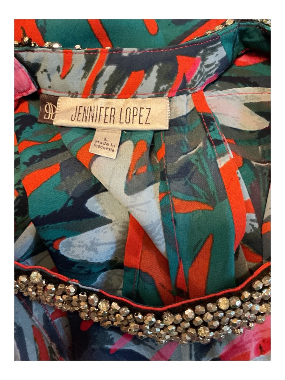 Jennifer Lopez Jewel-Neck Tropical Leaf Halter Camisole - Orange Multi - Picture 3 of 3